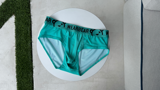 Teal underwear with black waistband on a white circular platform.